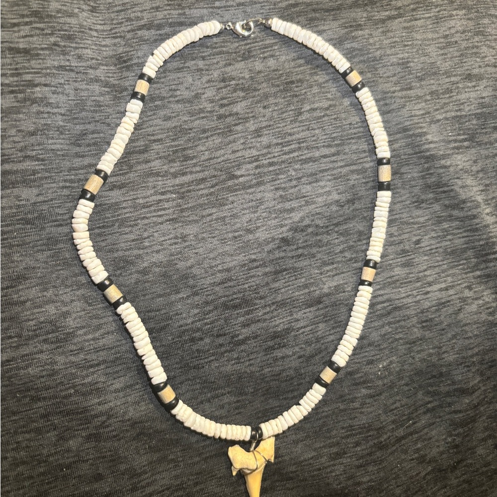 BlueRica Shark Tooth on Puka & Coconut Shell Beads Necklace 18” L x 7” D.